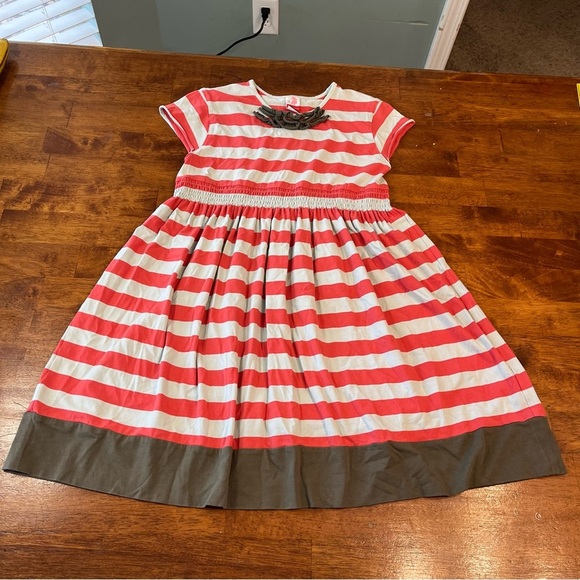 Matilda, Jane red coral blue striped dress olive trim size 12 - Picture 1 of 7